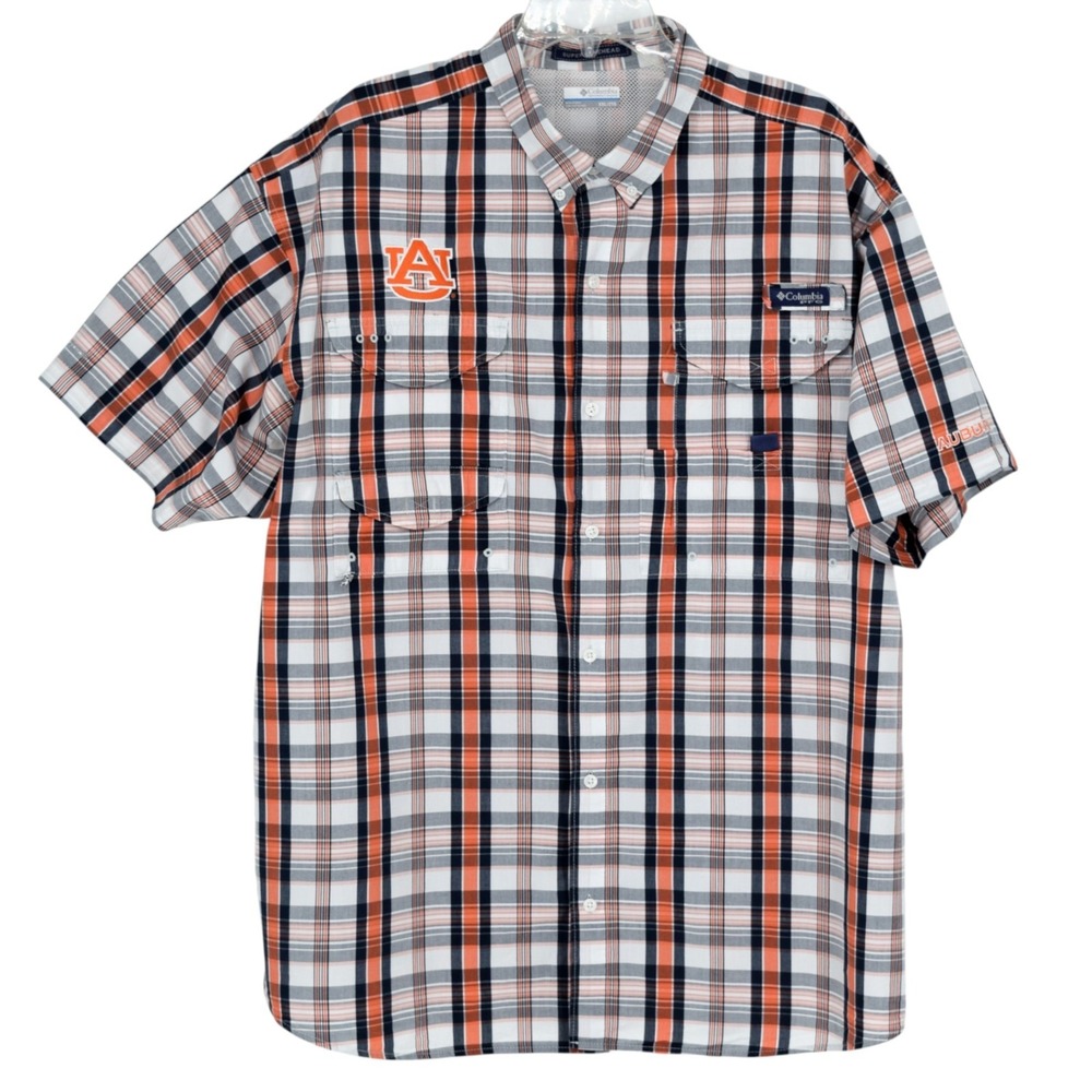 Columbia Mens XXL Orange Plaid PFG Super Bonehead Auburn Tigers Fishing Shirt